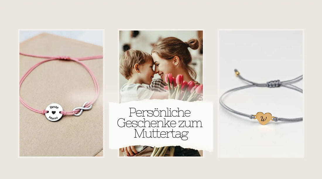 Ein Banner mit der Aufschrift "Persönliche Geschenke zum Muttertag" links und rechts je ein Bild eines gravierten Armbands und in der Mutter ein Bild einer Mutter mit ihrem Sohn und Blumen in der Hand