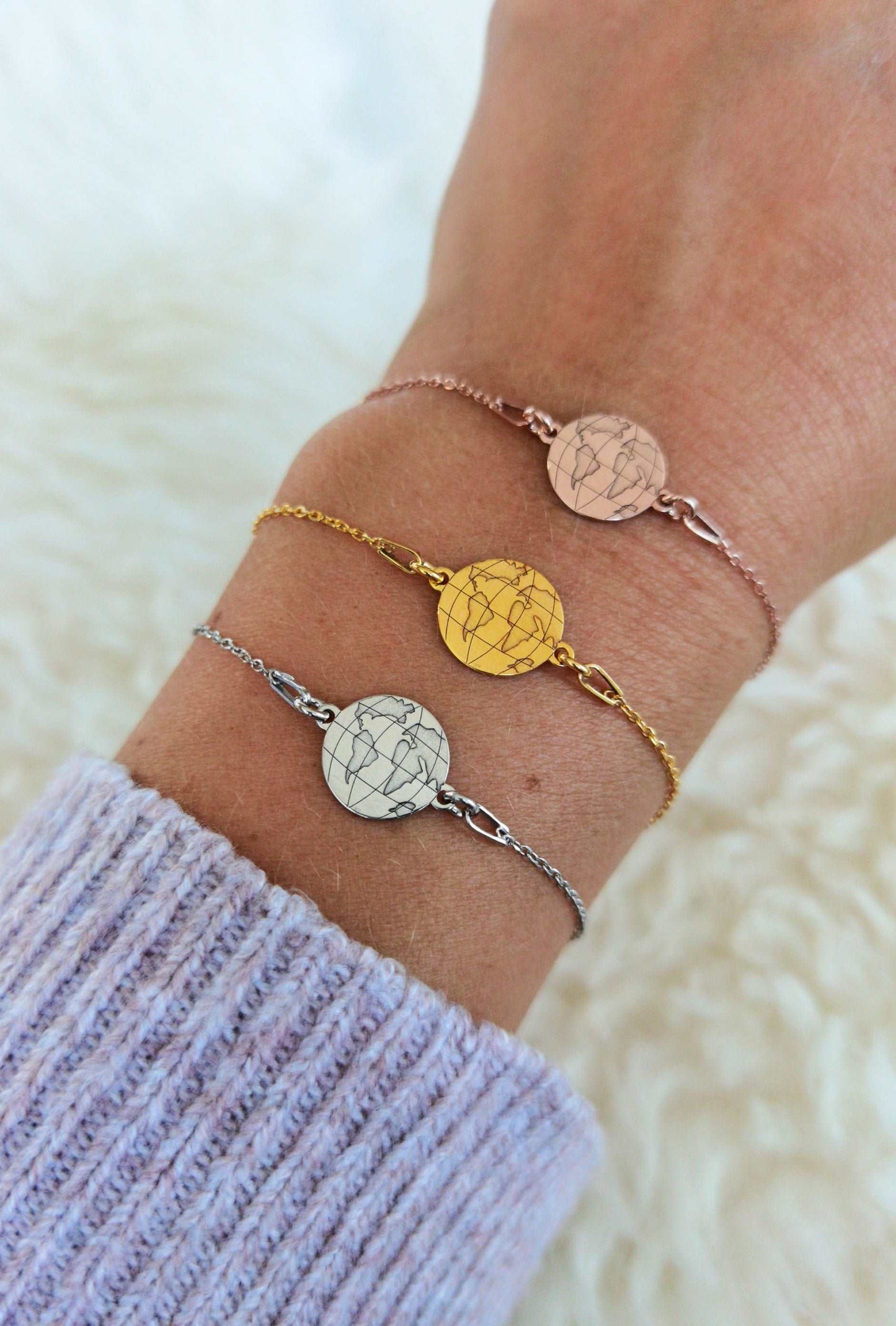 Tragefoto Armkettchen Weltkarte in silber, gold und roségold
