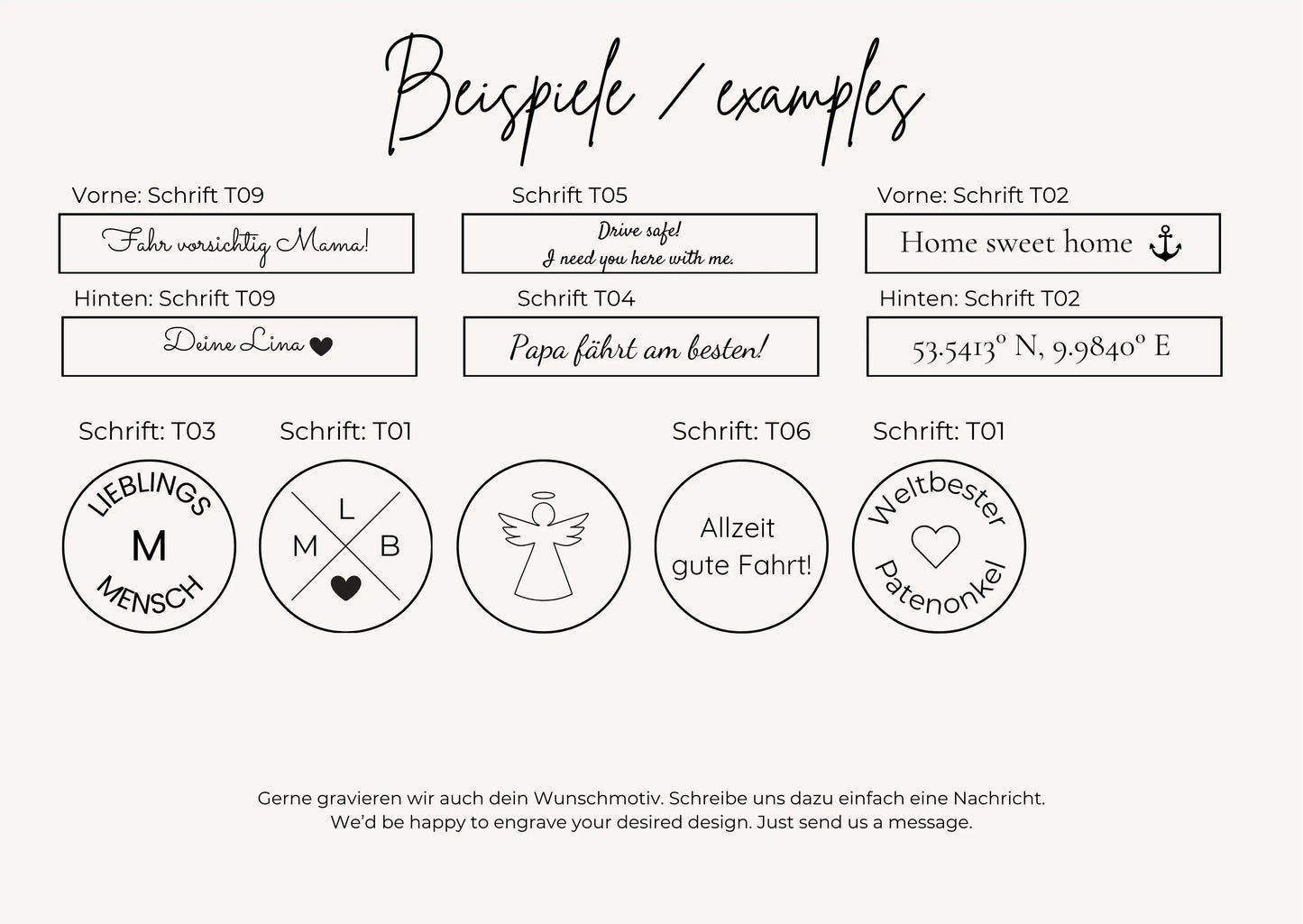 Beispielgravuren für personalisierbaren Schlüsselanhänger aus Edelstahl