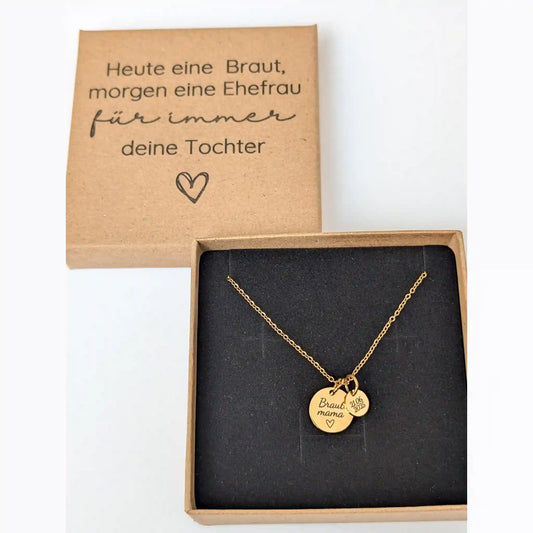 Personalisierte Brautmama Kette aus Edelstahl mit Gravuranhänger in gravierter Geschenkbox mit emotionalem Hochzeitsspruch