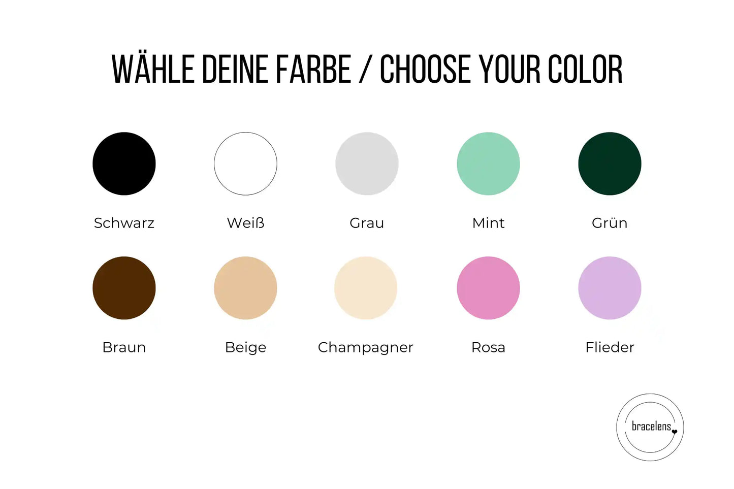 10 Bandfarben zur Auswahl für das personalisierbare Taufarmband in Form von Farbkreisen dargestellt