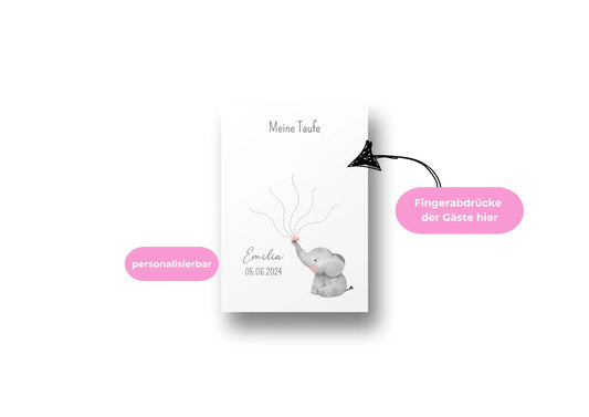 Leeres Fingerabdruckposter zur Taufe mit einem Elefanten ohne Fingerabdrücke. Personalisiert mit Namen und Datum