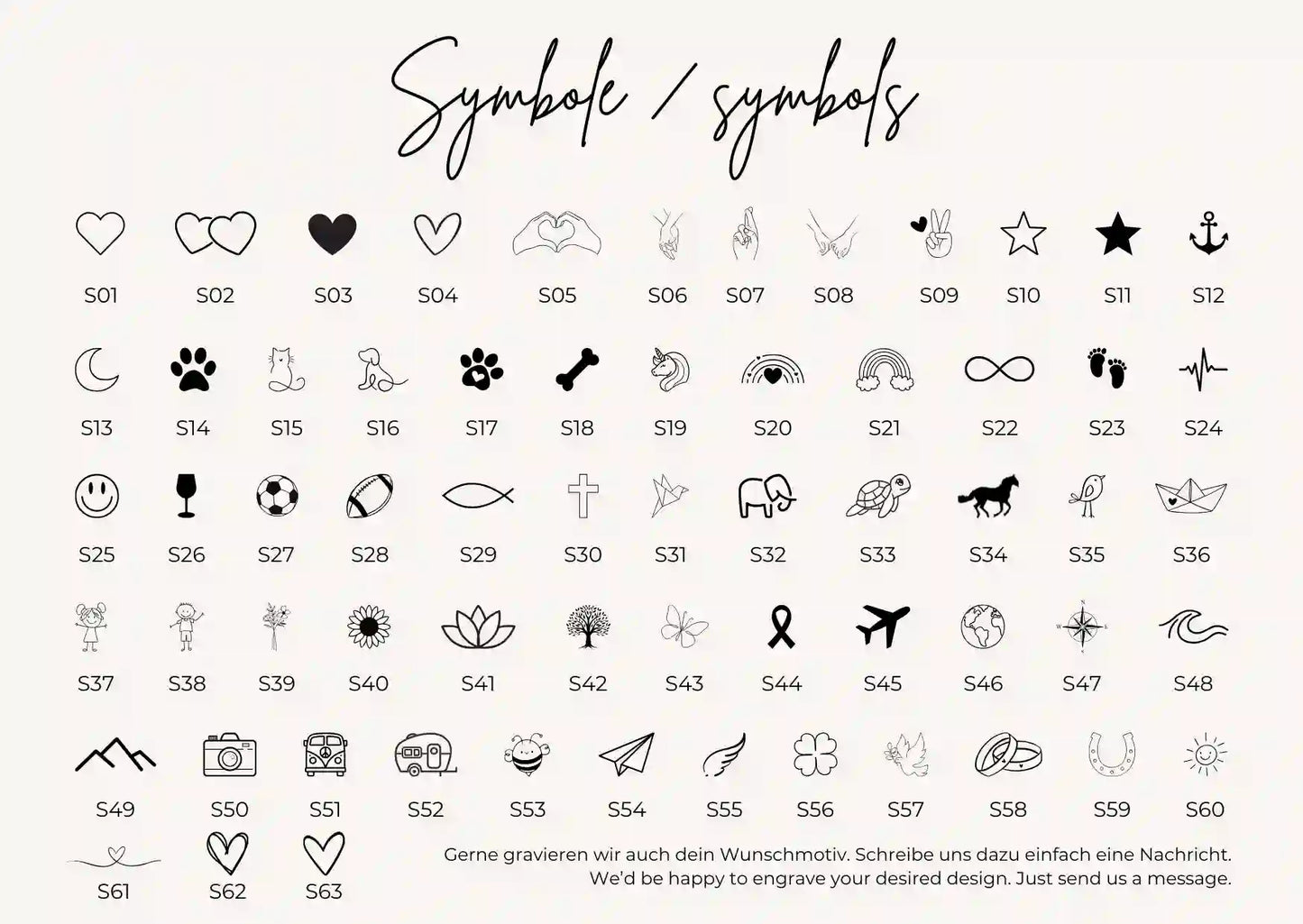 Auswahl an Symbolen für personalisierte Gravur auf Patentante Geschenk