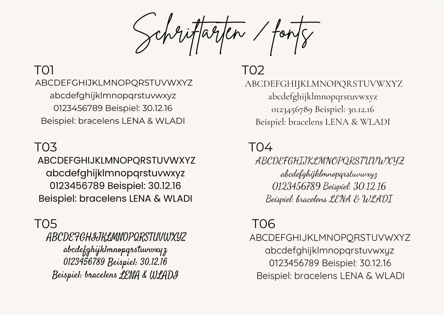Auswahl sechs Schriftarten für Gravur Armband mit Hundemotiv