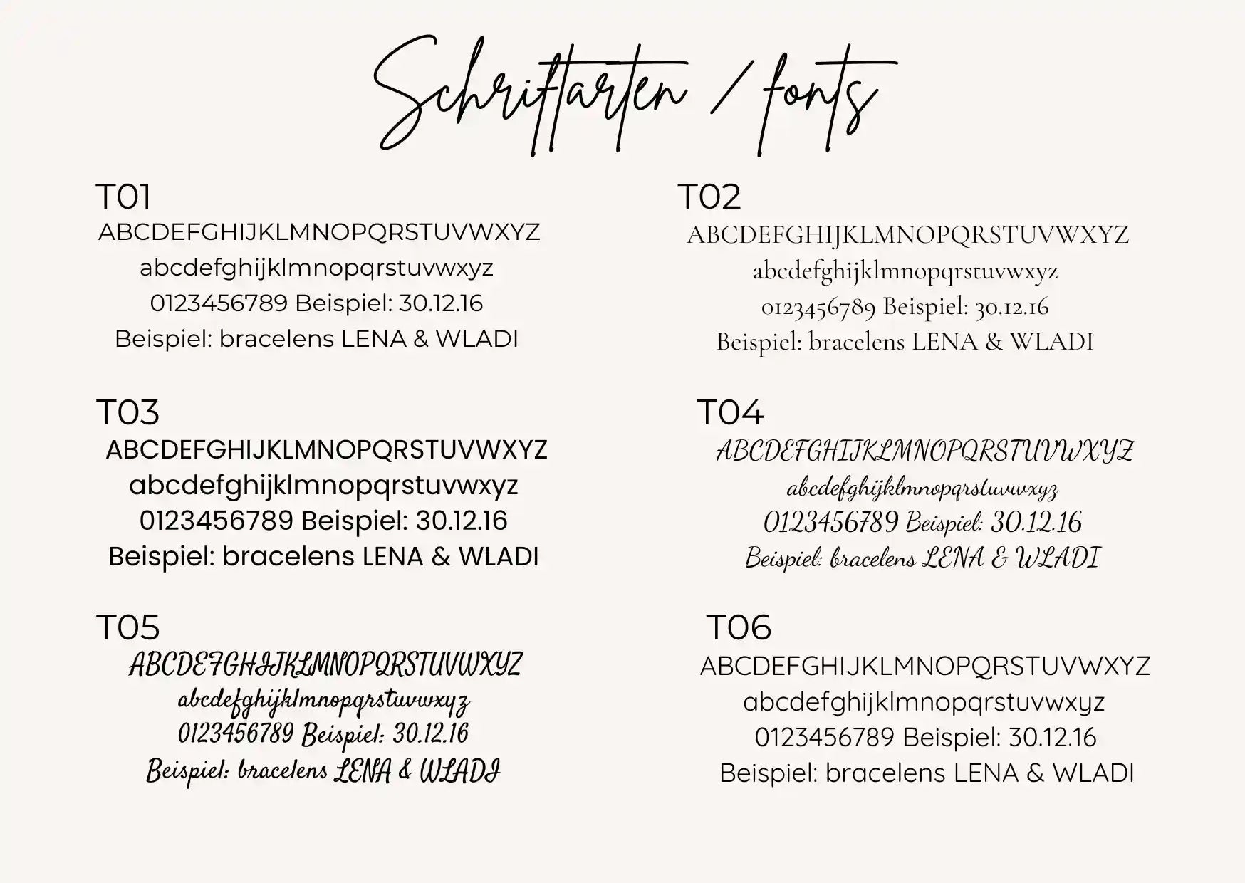 Auswahl sechs Schriftarten für Gravur Armband mit Hundemotiv