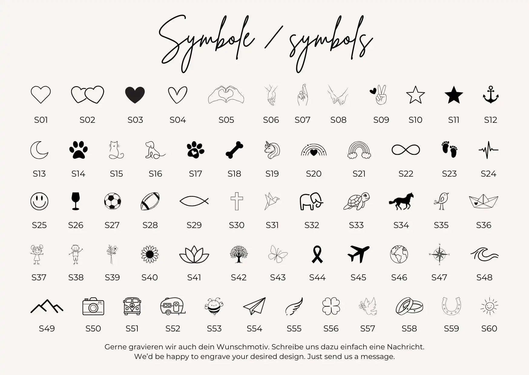 Auswahl 60 Gravur Symbole für Gravur Armband