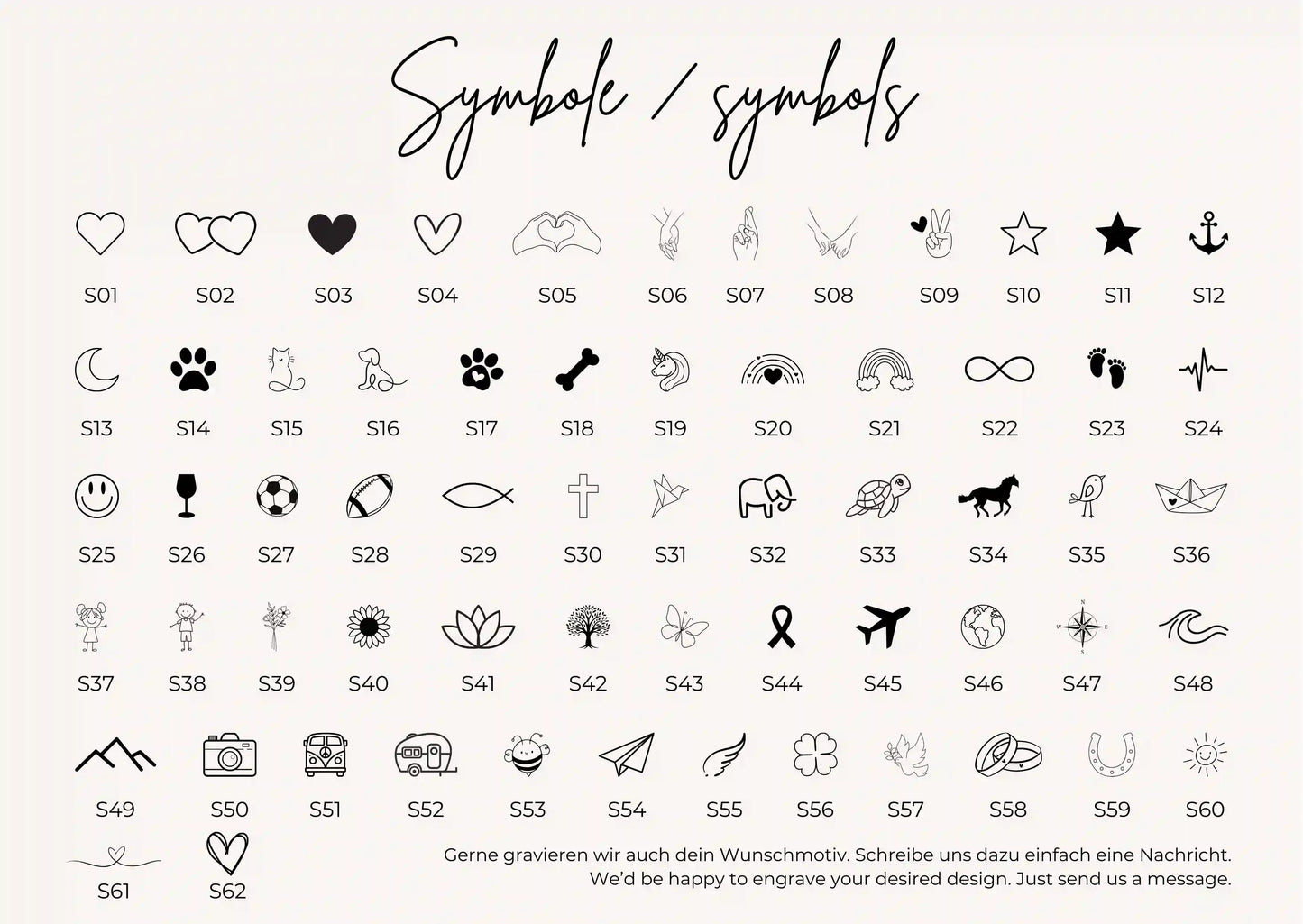 Auswahl Gravur Symbole für personalisierte Gravur Kette