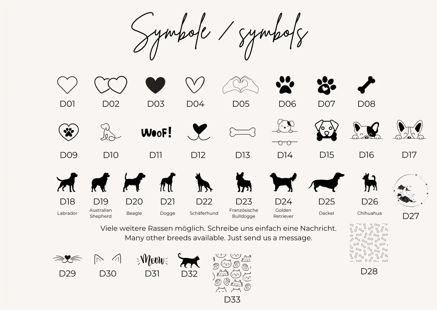 Auswahl an Gravursymbolen für die personalisierte Hundemarke aus Holz