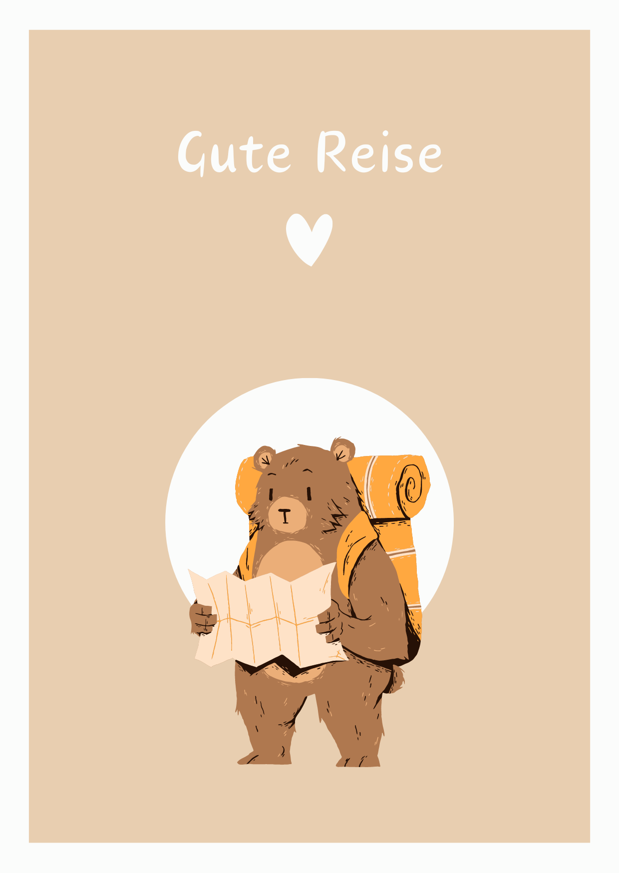Postkarte Gute Reise mit einem Bären mit Rucksack und Landkarte, Nahaufnahme