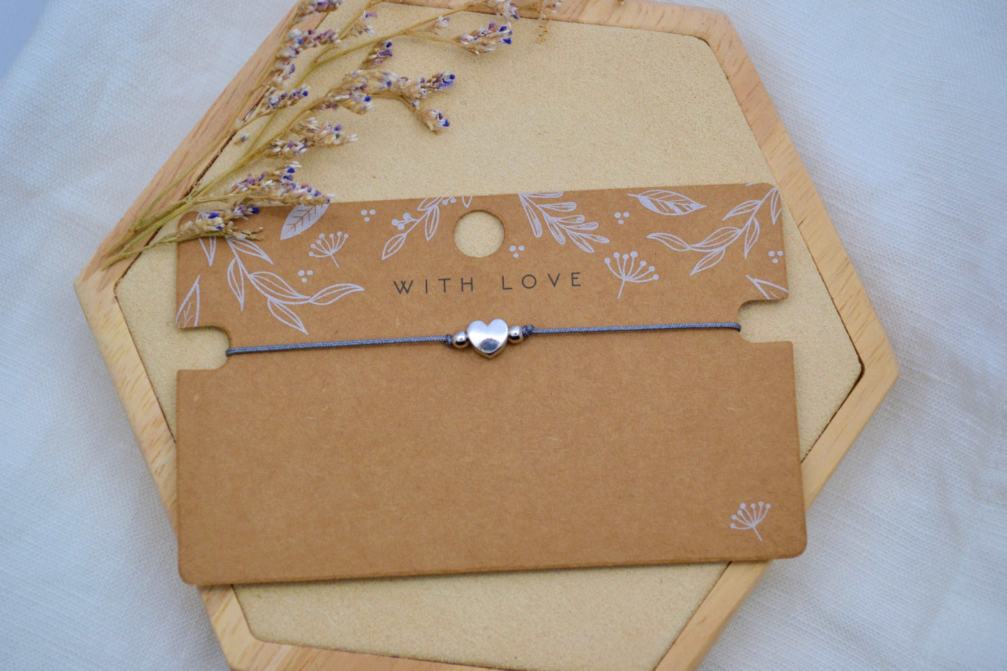 Herz Armband silber mit grauem Band