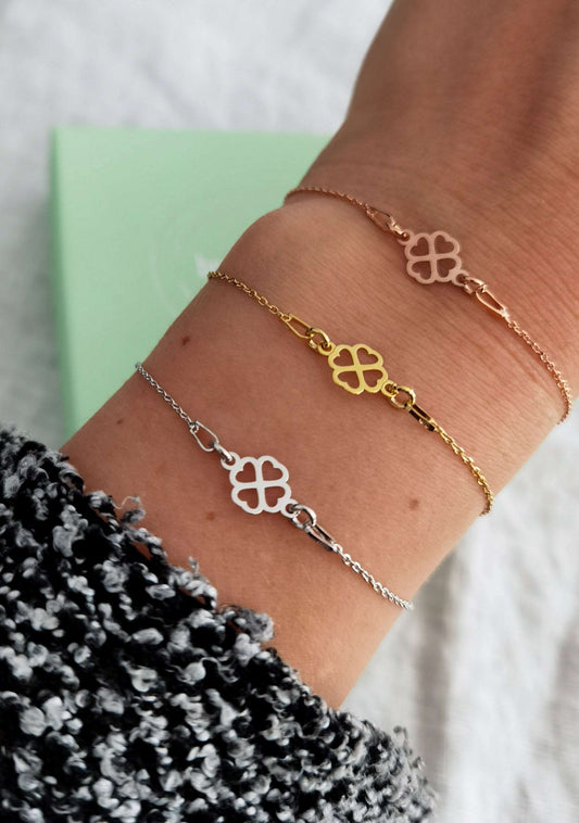 Tragefoto Kleeblatt Armbänder silber, gold und roségold