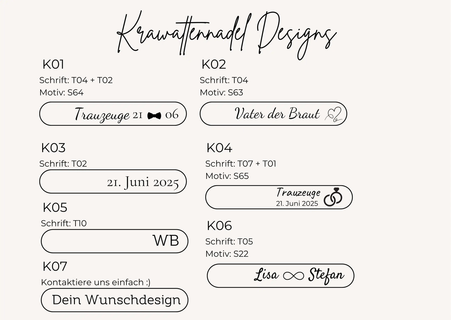 Auswahl Design für Krawattennadel mit Gravur als Geschenk zur Hochzeit
