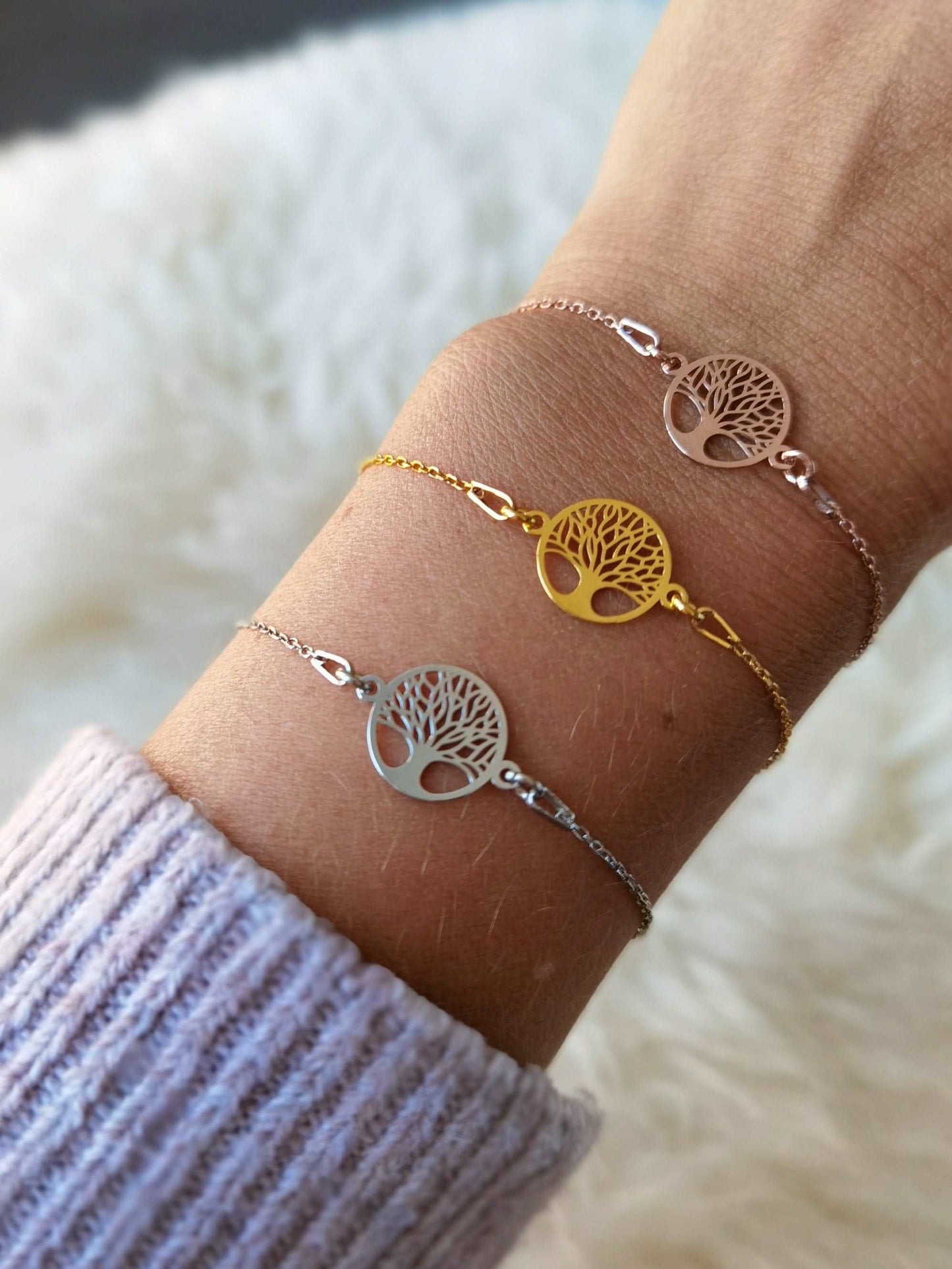 Tragefoto Lebensbaum Armkettchen silber, gold und roségold