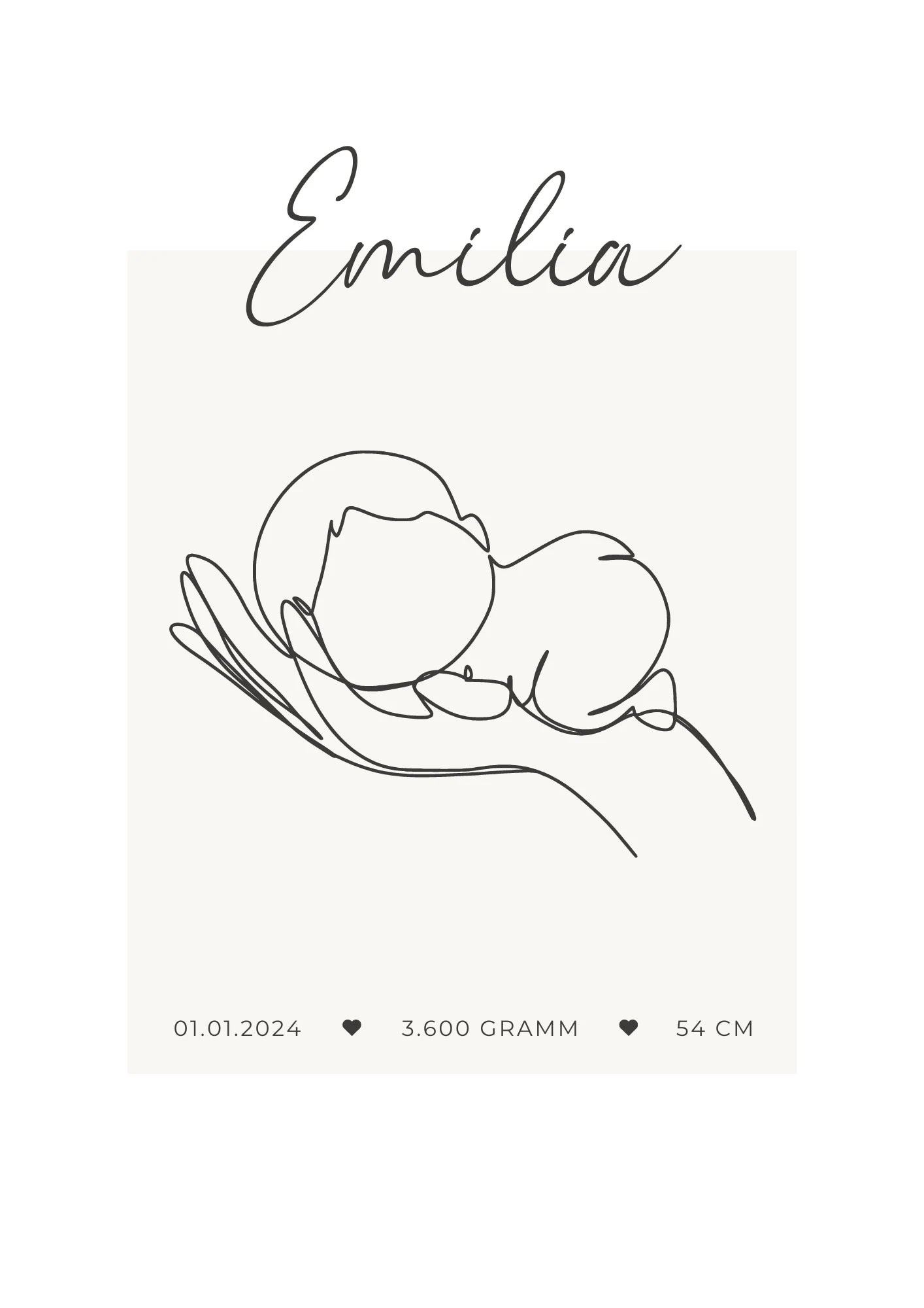 Geburtsposter mit einer Hand, die ein Baby hält. Darüber der Name "Emilia", darunter das Geburtsdatum, das Geburtsgewicht und die Geburtsgröße