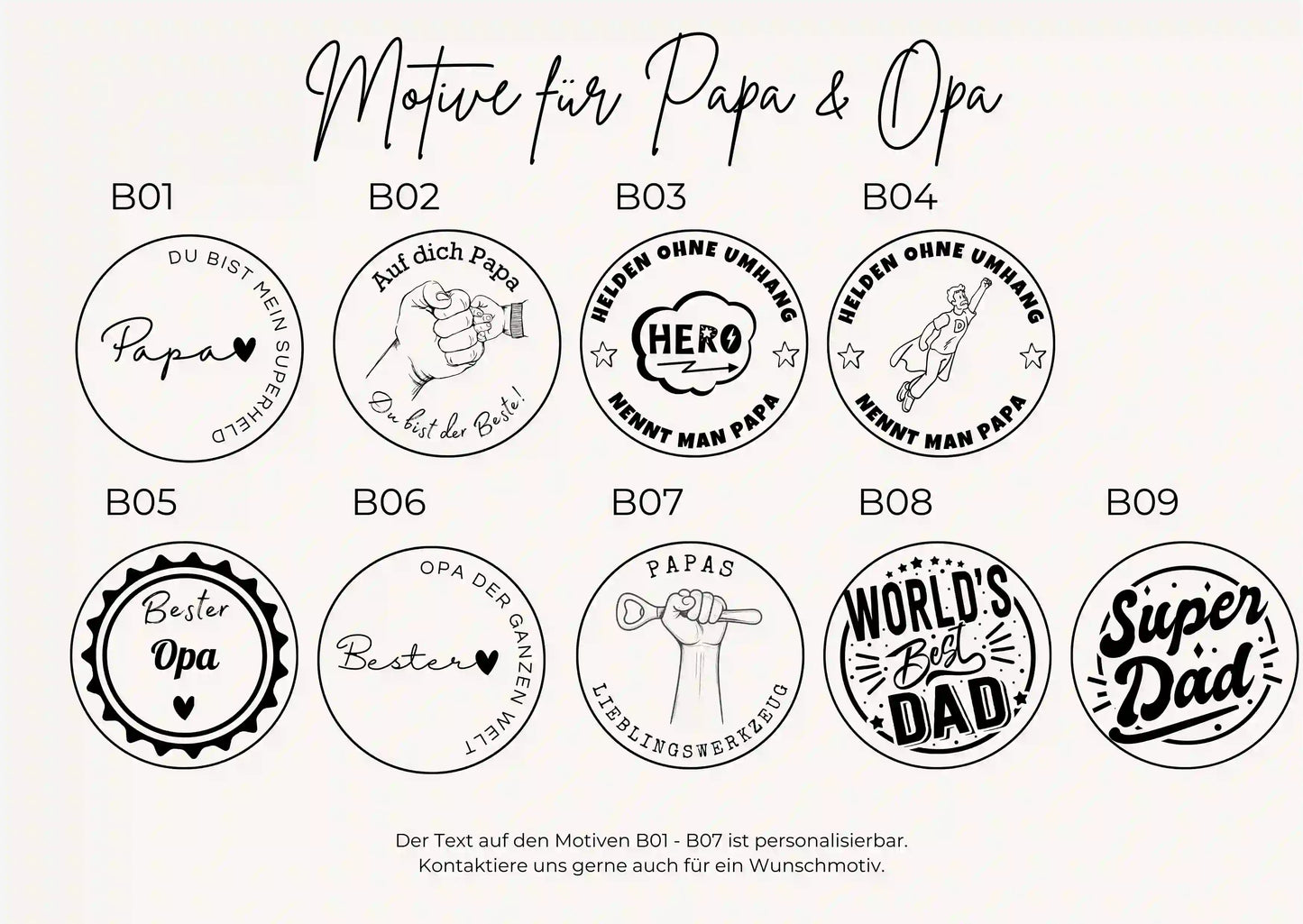 9 Motive zur Auswahl für einen Flaschenöffner aus Holz für Papa oder Opa. 7 Motive davon personalisierbar