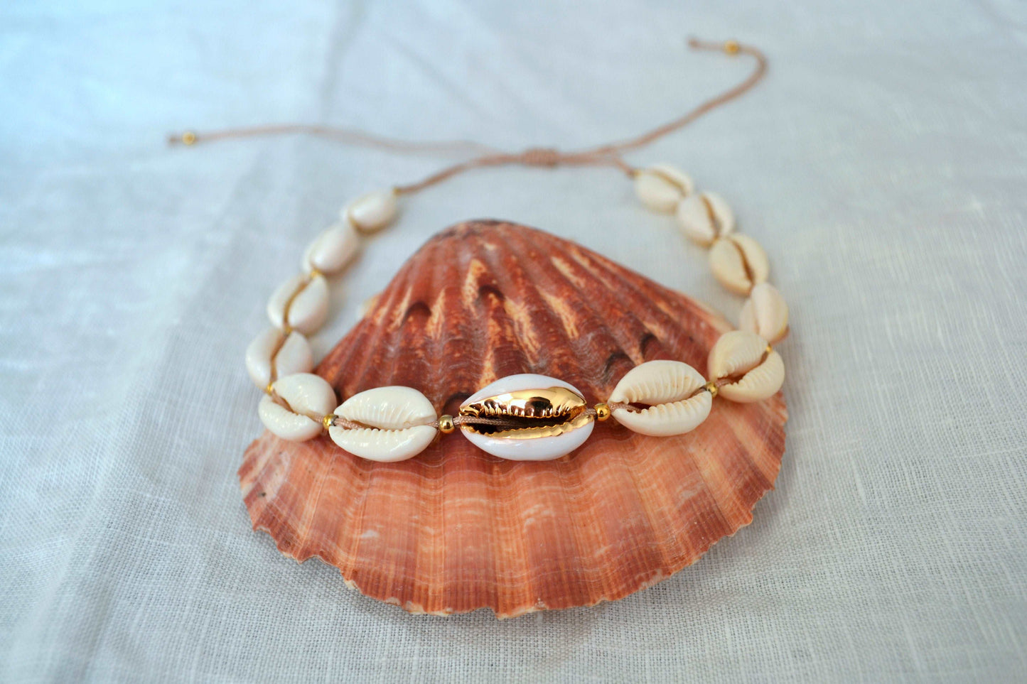 Muschelkette mit goldenen Akzenten auf einer braunen Muschel und vor weißem Hintergrund