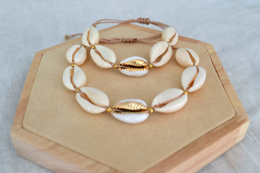 Kauri Muschel Schmuck Set aus Kauri Muschel Armband und Kauri Muschel Fußkette