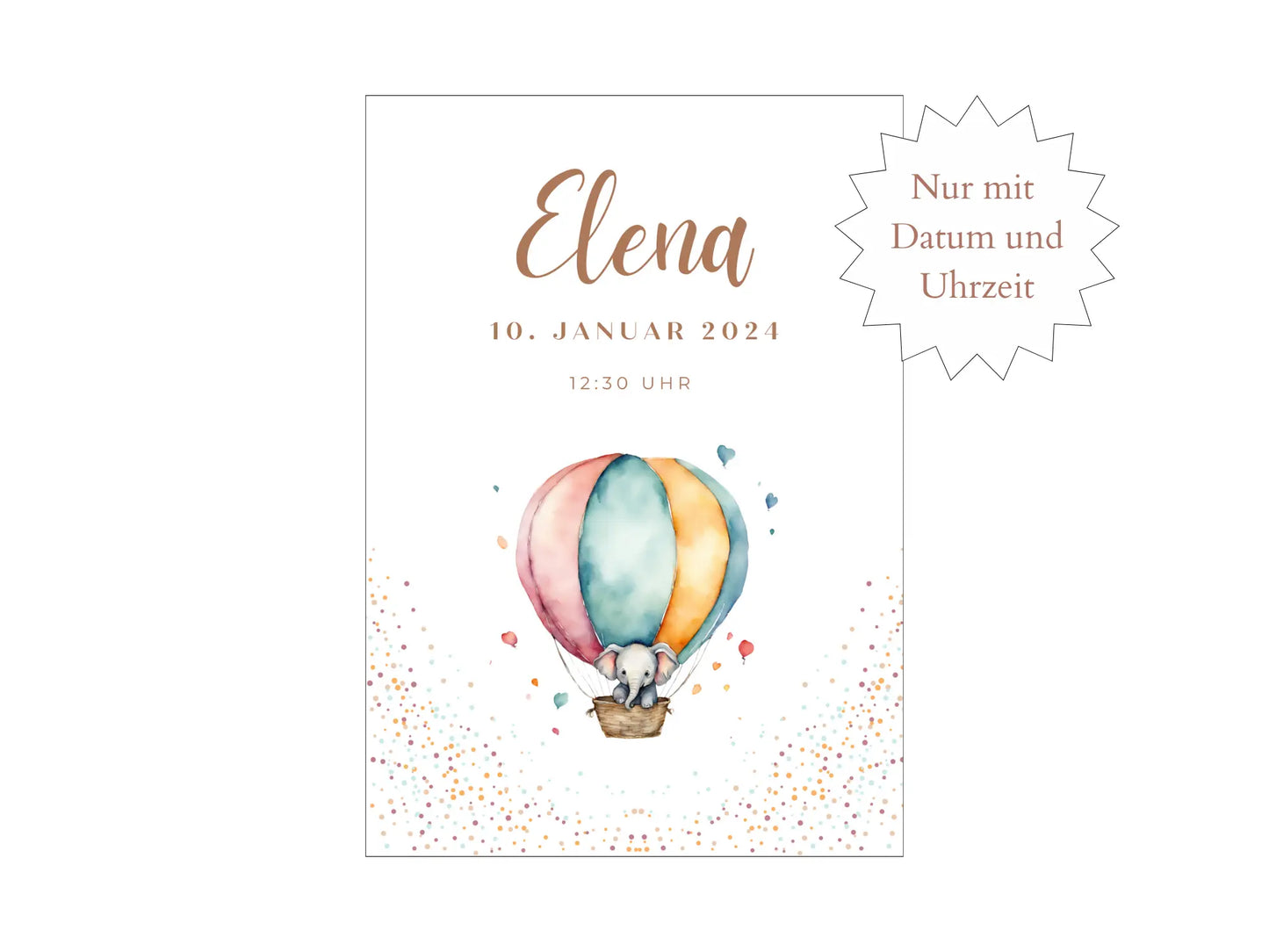Geburtsposter mit Namen, Datum und Uhrzeit und einem sĂĽĂźen Elefanten in einem HeiĂźluftballon.