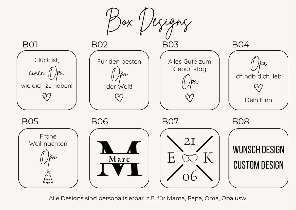 Übersicht personalisierbarer Geschenkbox-Designs für Papa mit Gravur, Weihnachtsmotiv, Namen und Wunschdesign als Verpackung für einen Schlüsselanhänger