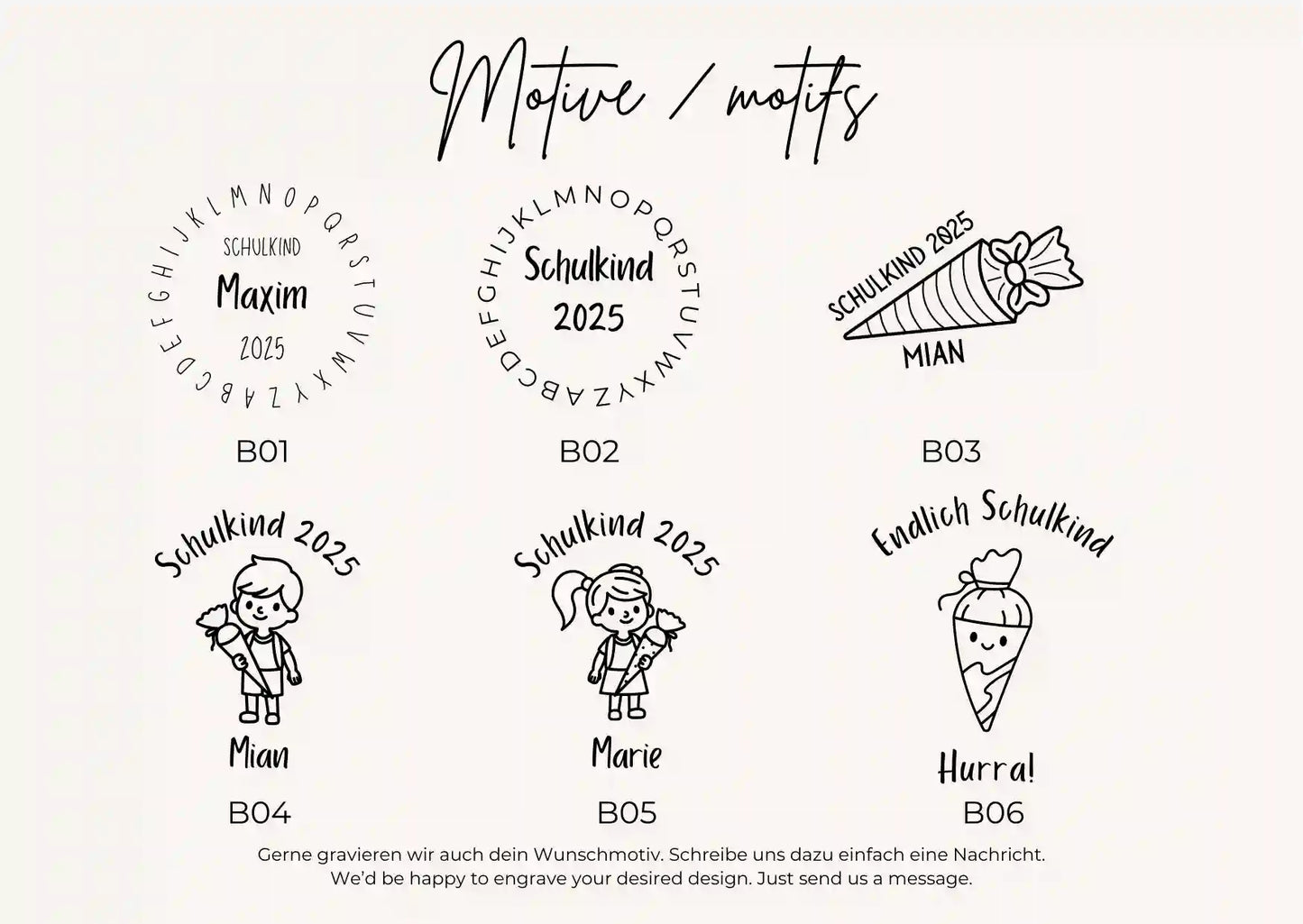 Motivauswahl für den Schulkind Anhänger. Sechs verschiedene Designs zur Auswahl