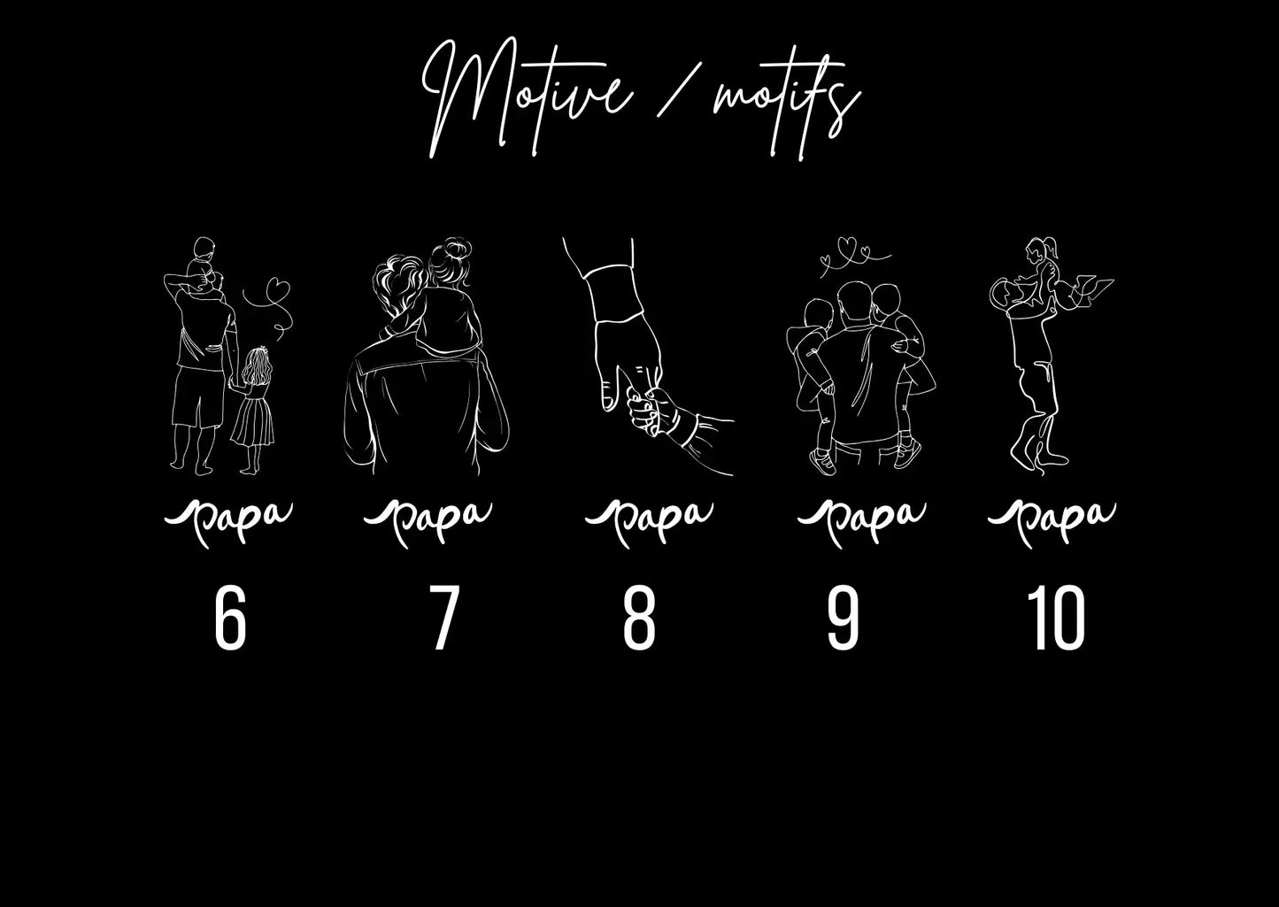 Weitere fünf Motive von Vätern mit Kindern für die Gravur der Vorderseite des personalisierten Schlüsselanhängers für Papa