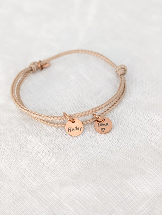 Segeltau Armband mit Gravur für Damen - beiges Armband mit zwei roségoldenen Anhängern