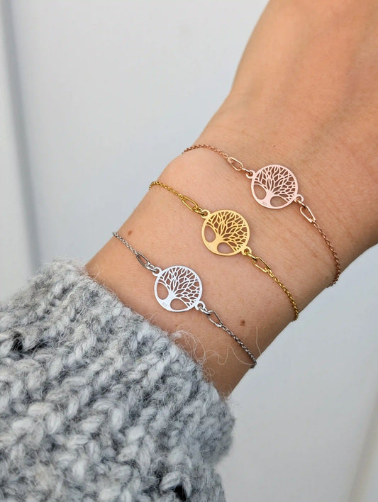 Tragefoto drei Lebensbaumarmbänder aus Sterling Silber in silber, gold und roségold