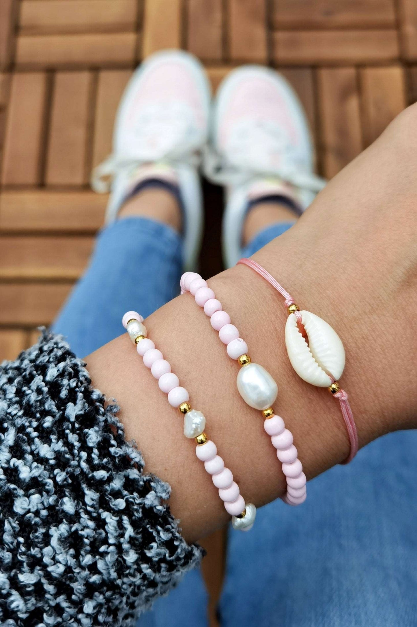 Armband Set Damen mit Süßwasserperlen und Glasperlen in rosa