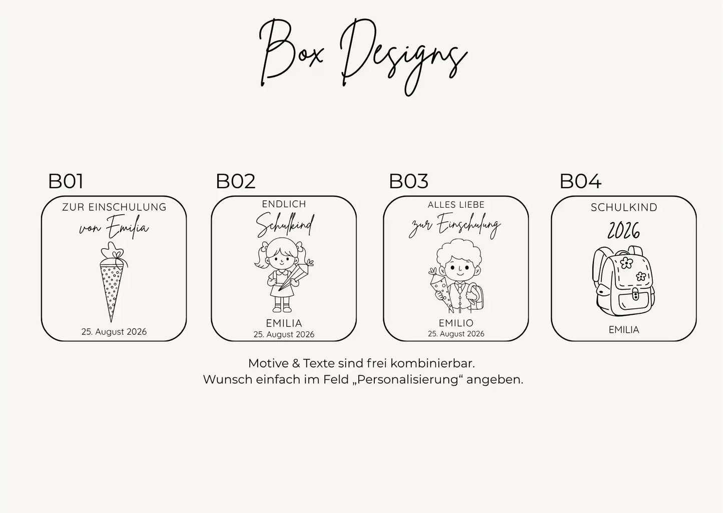 Vier Designs der Geschenkbox zur Einschulung mit Gravur