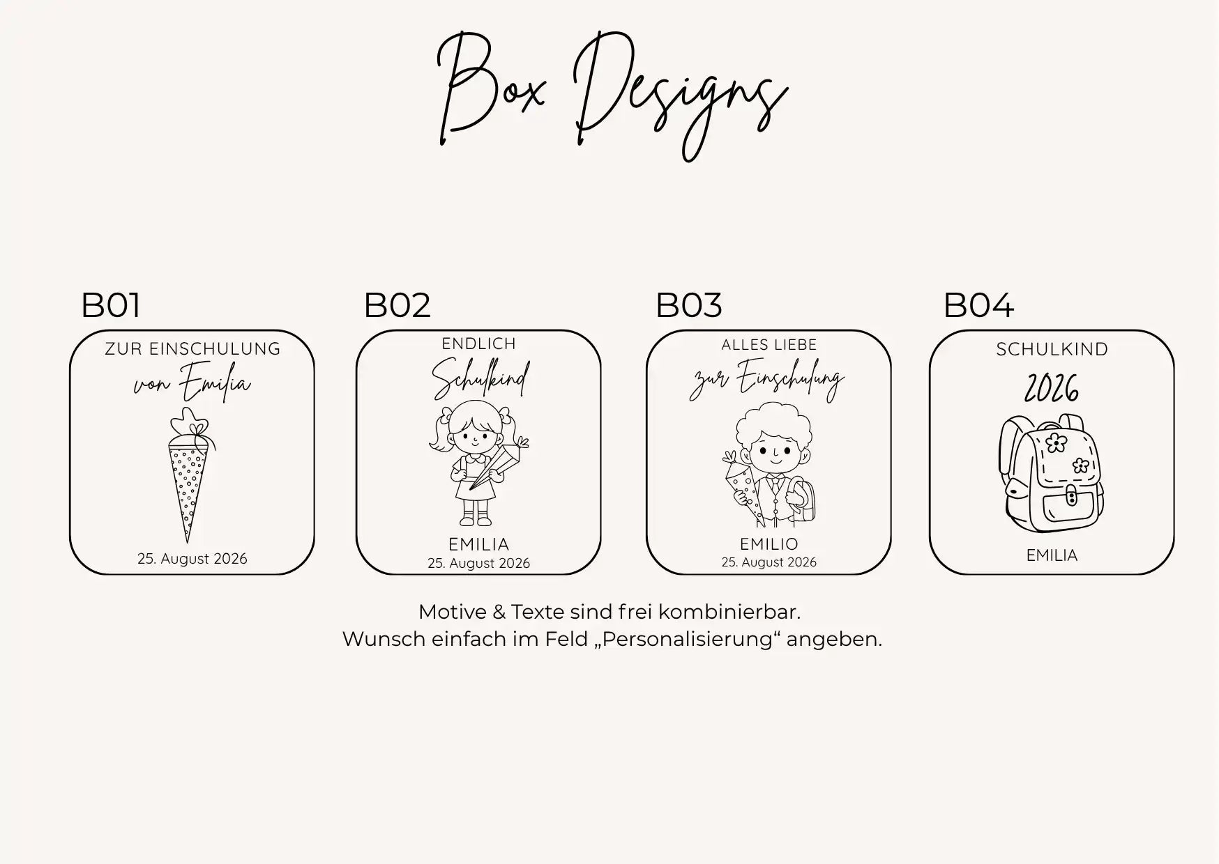 Vier Designs der Geschenkbox zur Einschulung mit Gravur
