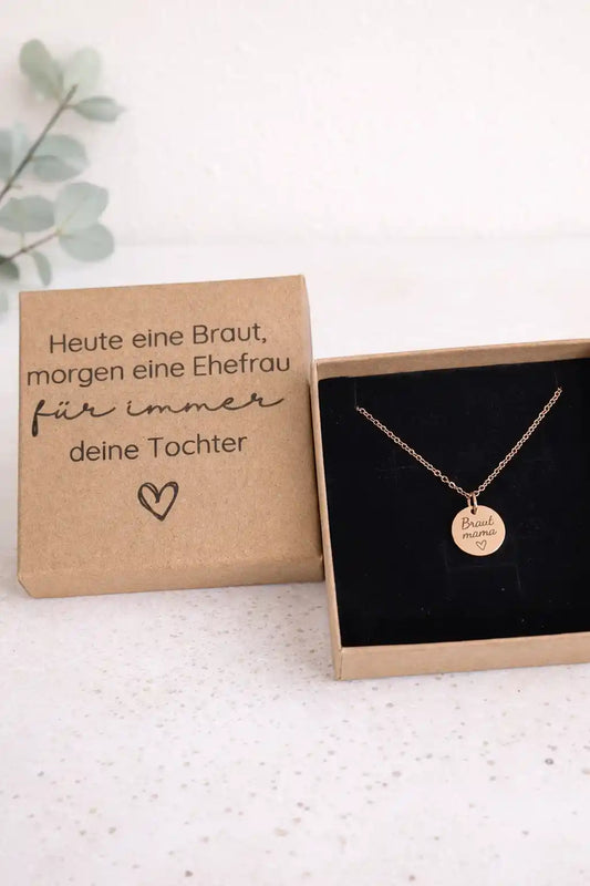 Brautmama Kette in Schmuckbox mit Aufschrift heute eine Braut, morgen eine Ehefrau, für immer deine Tochter