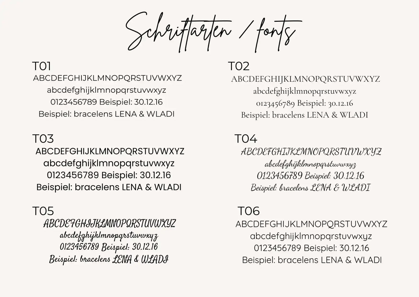 Schriftarten für personalisierten Gedenkanhänger für den Brautstrauß