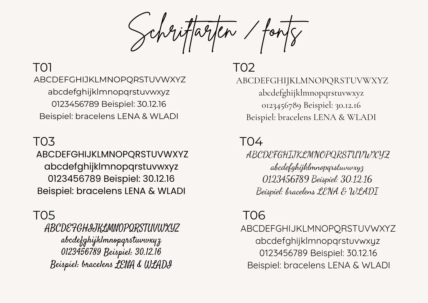 Schriftarten für personalisierten Gedenkanhänger für den Brautstrauß
