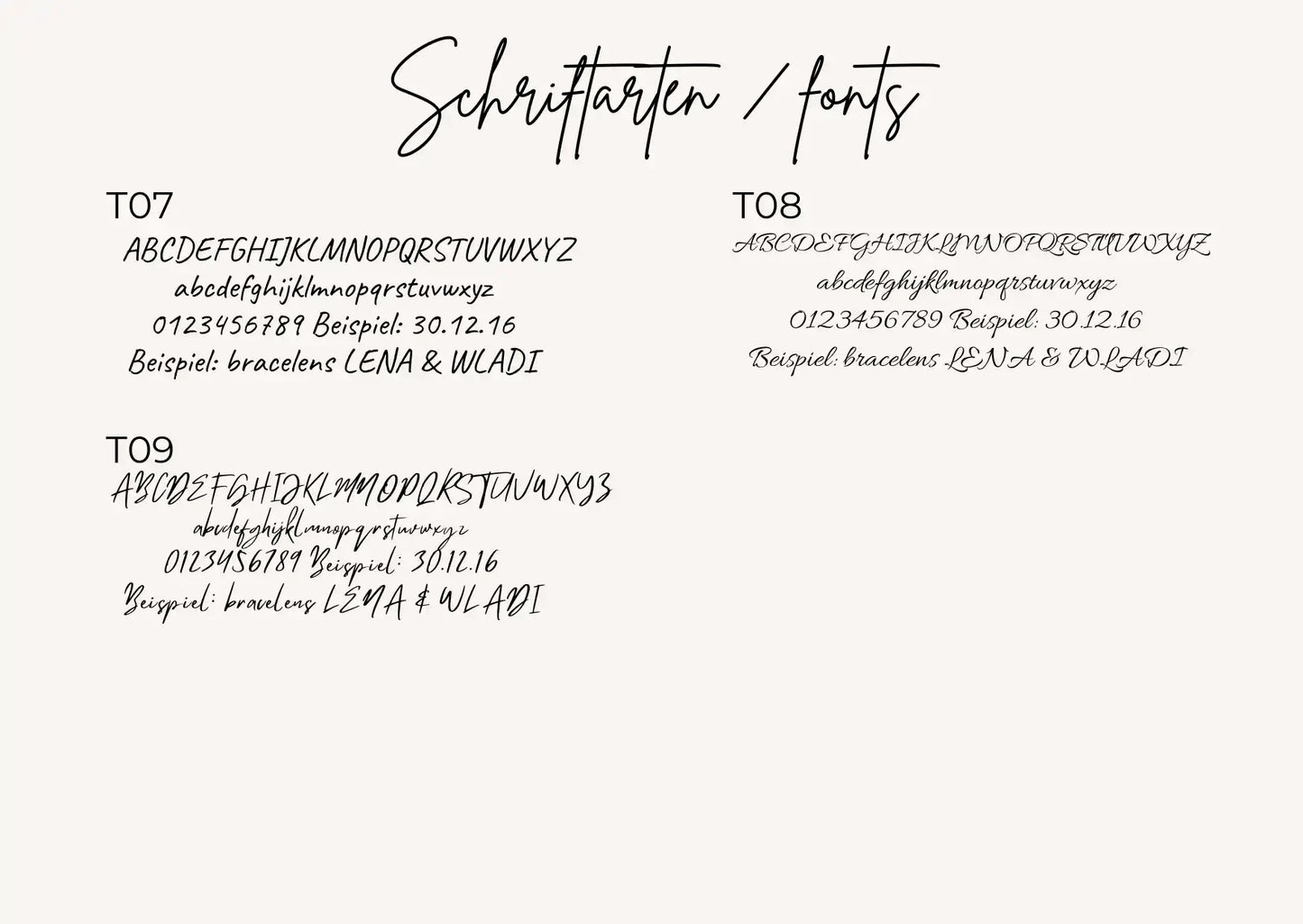 Auswahl weiterer Schriftarten für den personalisierten Brautstrauß Anhänger
