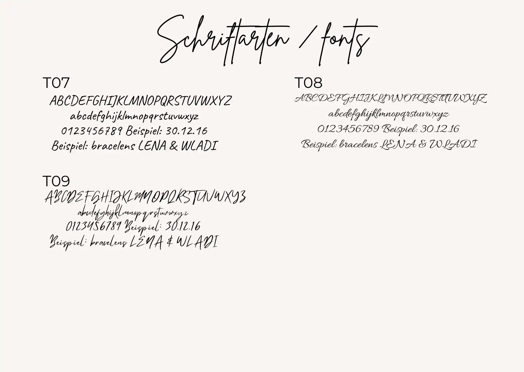 Auswahl weiterer Schriftarten für den personalisierten Brautstrauß Anhänger