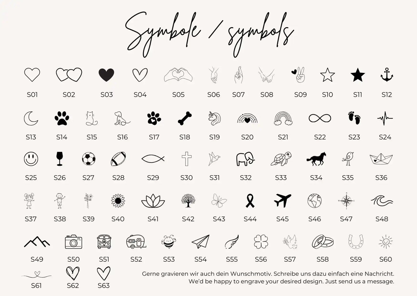 Symbole und Gravurmotive für einen personalisierten Gedenkanhänger zur Hochzeit