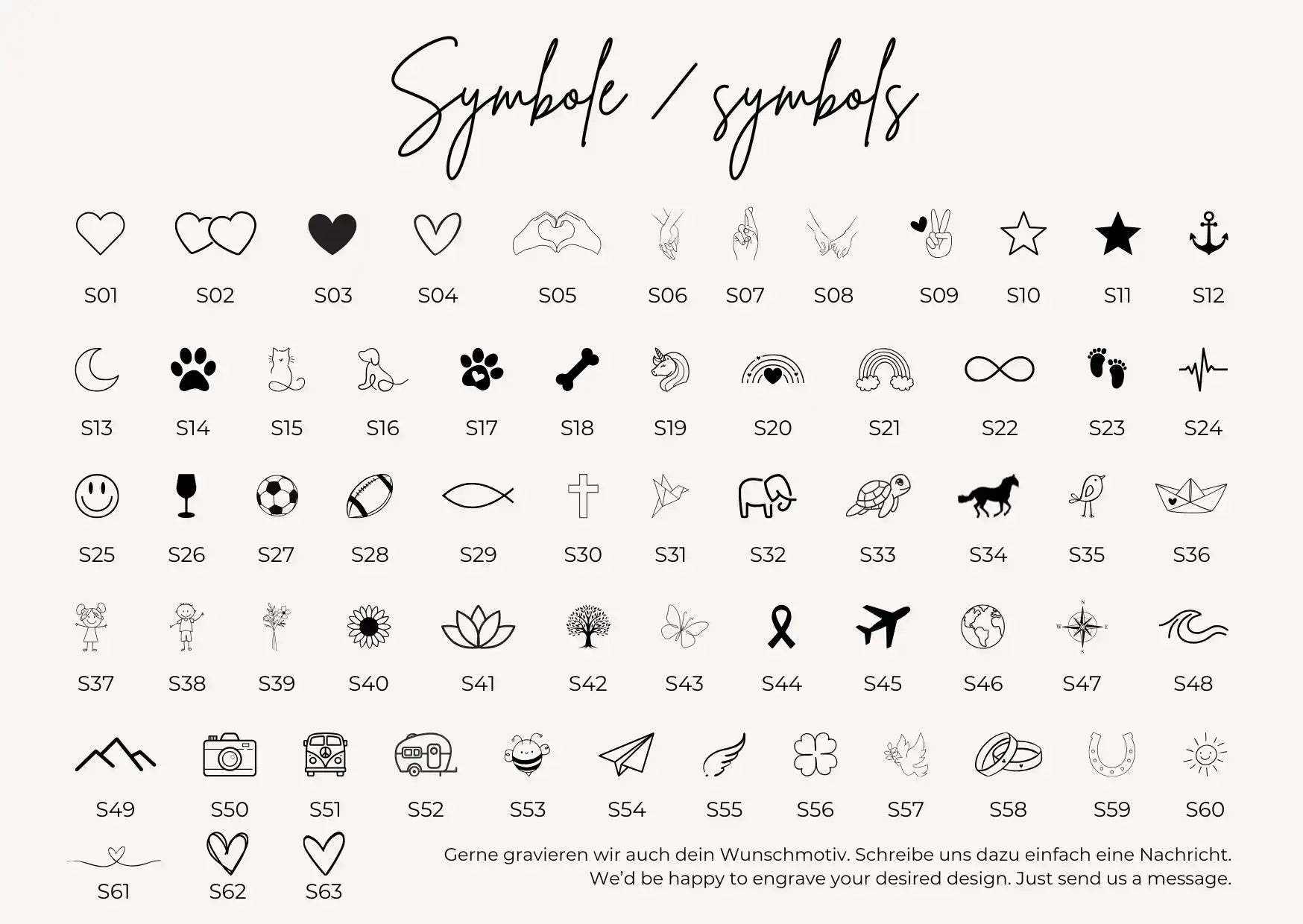 Symbole und Gravurmotive für einen personalisierten Gedenkanhänger zur Hochzeit