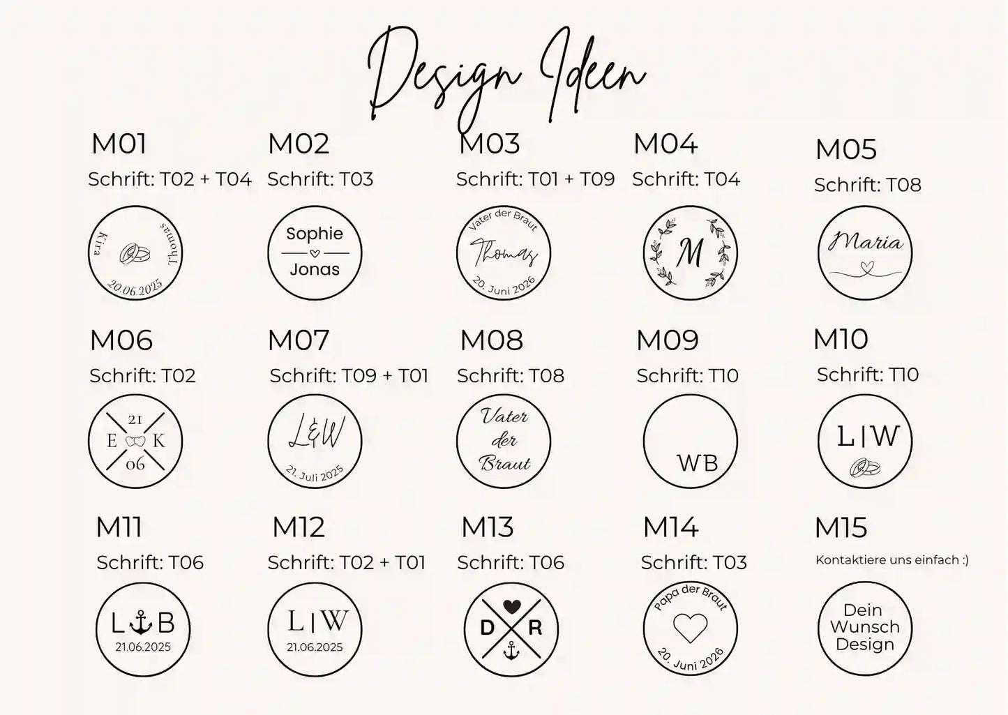 Übersicht verfügbarer Gravur-Designs für den Anstecker, verschiedene Motive und Schriftarten auf weißem Hintergrund