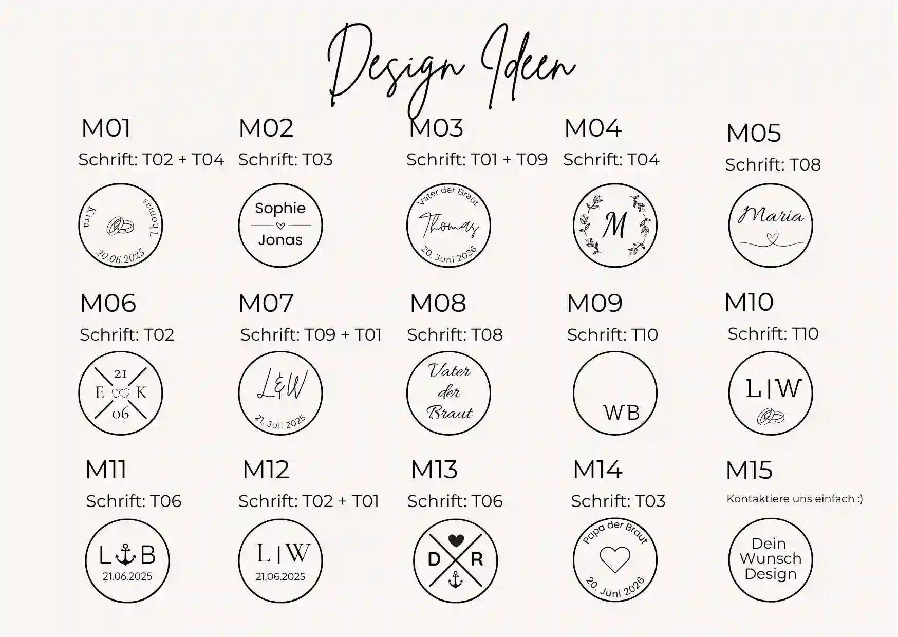 Übersicht verfügbarer Gravur-Designs für den Anstecker, verschiedene Motive und Schriftarten auf weißem Hintergrund