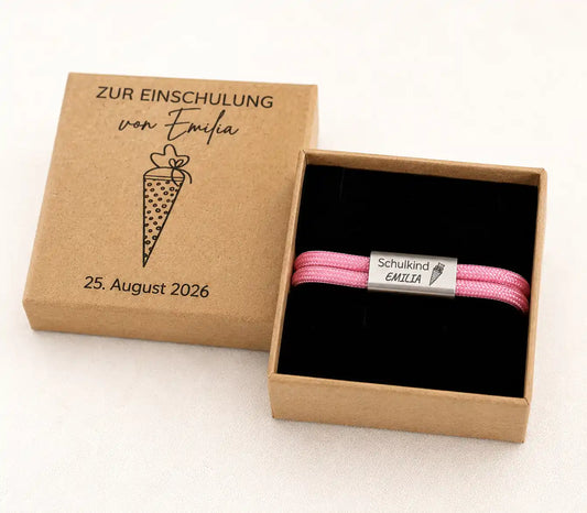 Schulkind Armband mit Gravur in Geschenkbox zur Einschulung, personalisiertes Segeltau Armband rosa