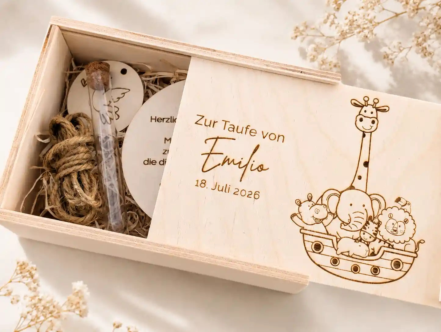 Personalisierte Holzbox zur Taufe mit Gravur, Geldgeschenk zur Taufe mit Name und Taufdatum, hochwertige Erinnerungsbox aus Naturholz mit Arche Noah Motiv