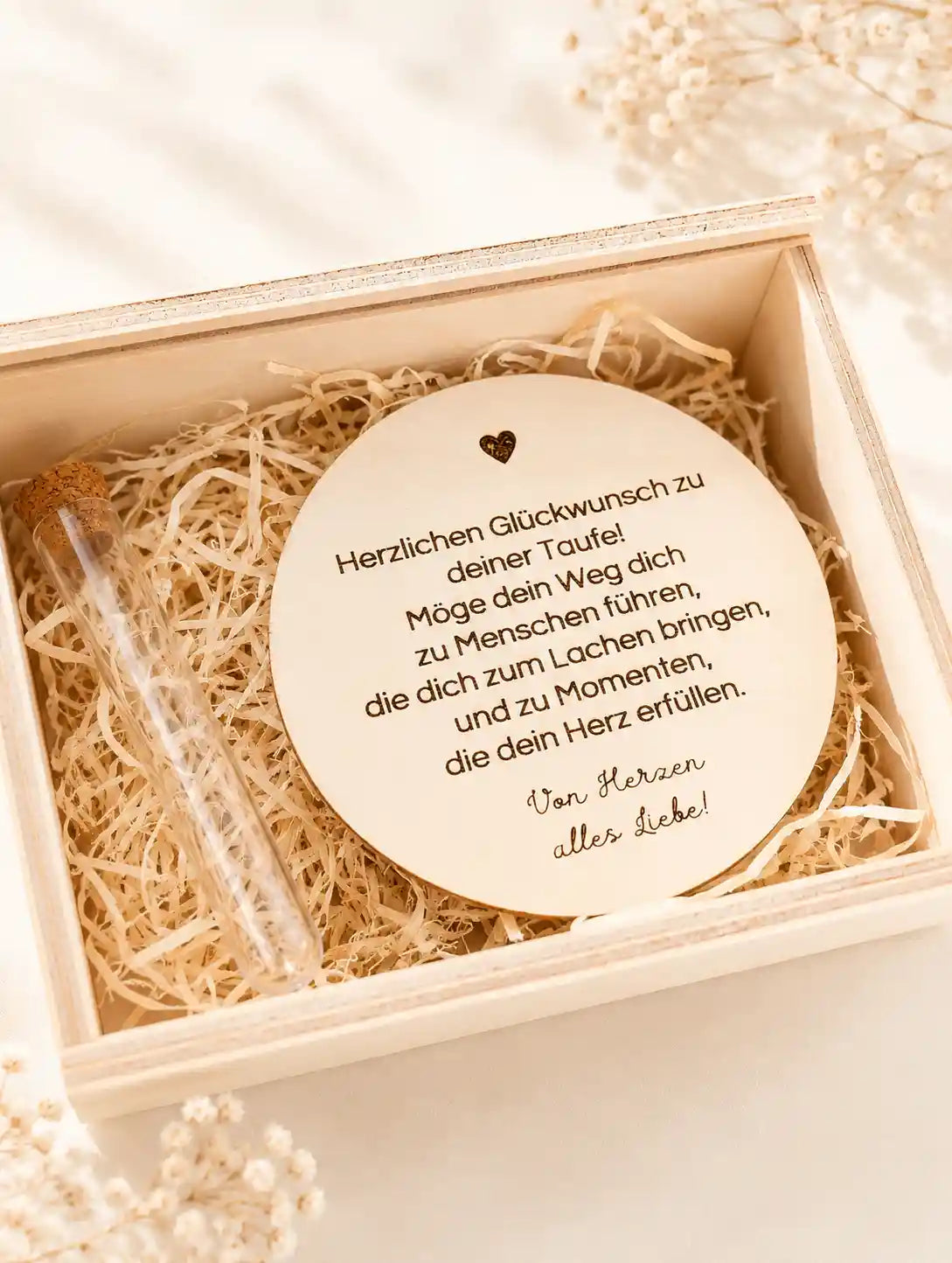 Gravierte Holzscheibe mit Taufspruch in personalisierter Holzbox zur Taufe, liebevolles Taufgeschenk aus Naturholz für Jungen und Mädchen