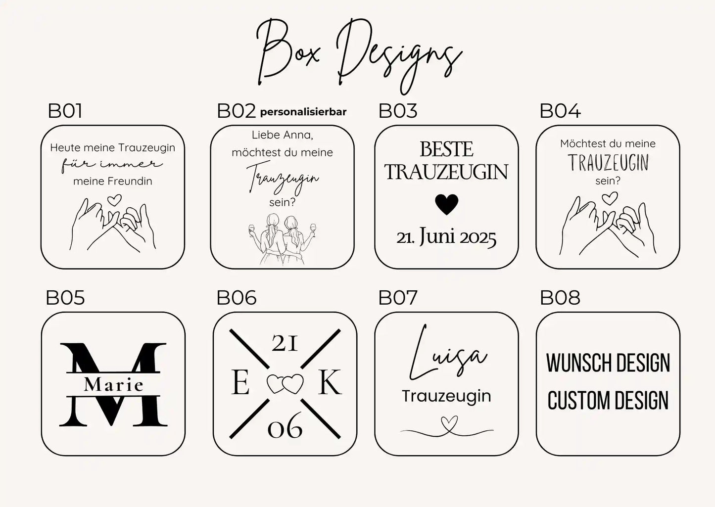Auswahl an Schmuckbox Designs für Trauzeugin Geschenk – personalisierbar mit Text und Namen
