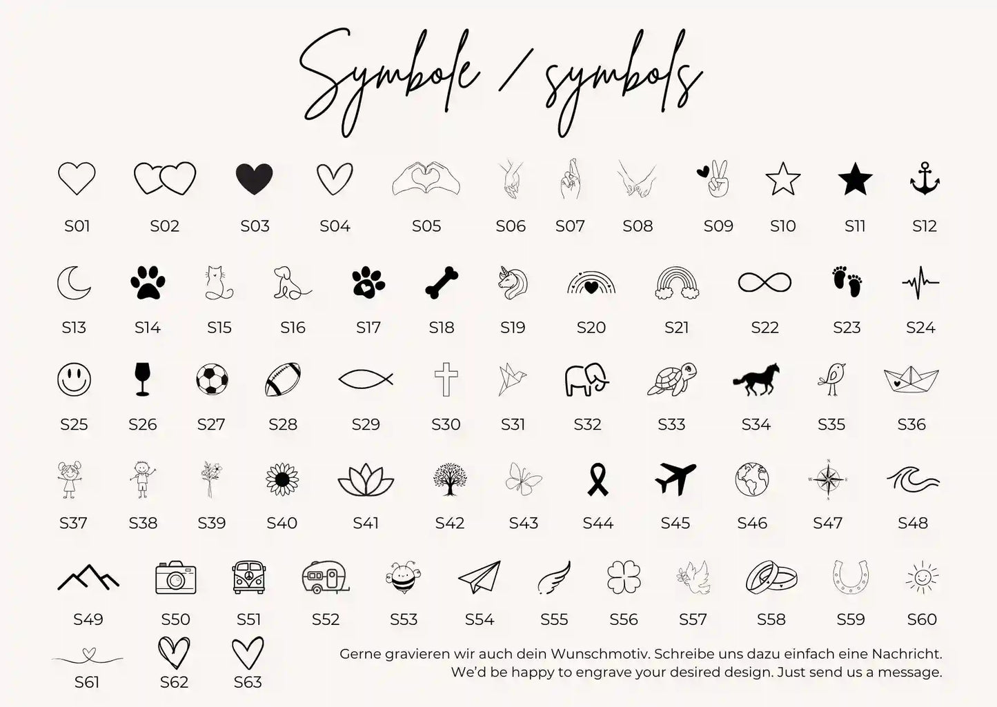 Auswahl an Symbolen für personalisierte Gravur auf Trauzeugin Armband aus Edelstahl