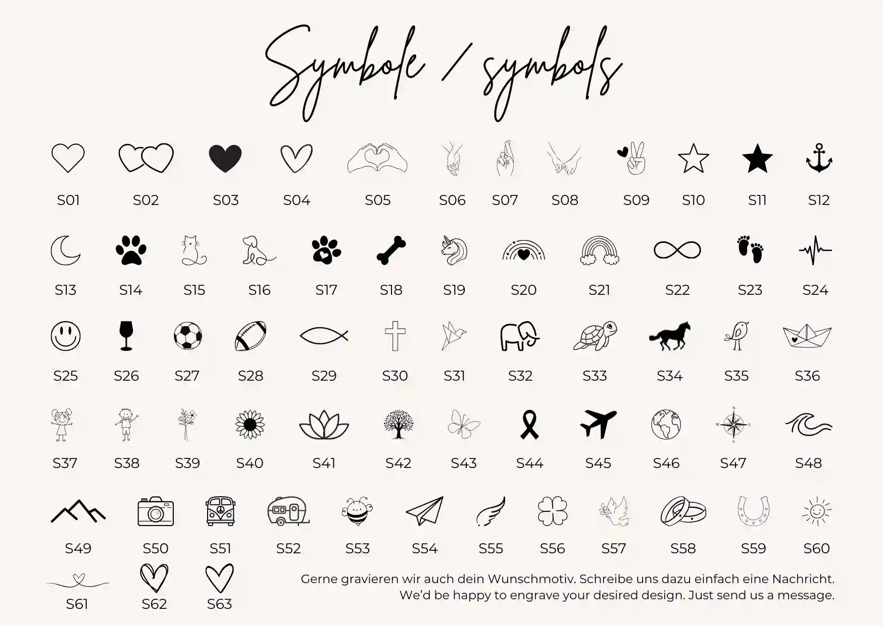 Auswahl an Symbolen für personalisierte Gravur auf Trauzeugin Armband aus Edelstahl