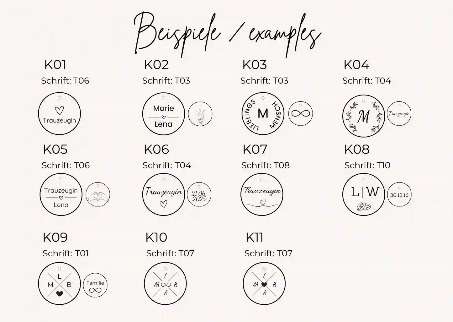Beispiele für personalisierte Gravur-Designs auf runden Anhängern – verschiedene Schriftarten, Initialen, Namen, Symbole und Trauzeugin-Motive zur Auswahl für individuelle Edelstahlketten und Geschenkboxen