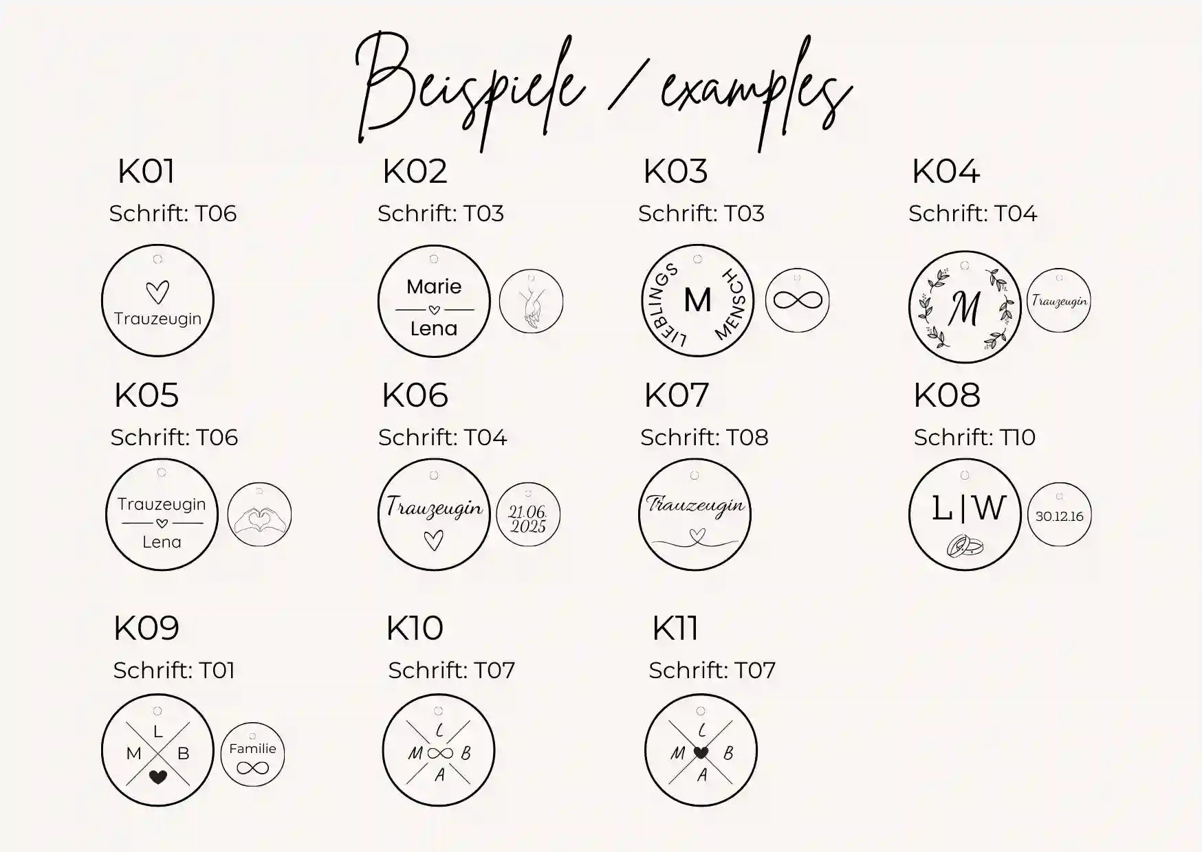 Beispiele für personalisierte Gravur-Designs auf runden Anhängern – verschiedene Schriftarten, Initialen, Namen, Symbole und Trauzeugin-Motive zur Auswahl für individuelle Edelstahlketten und Geschenkboxen