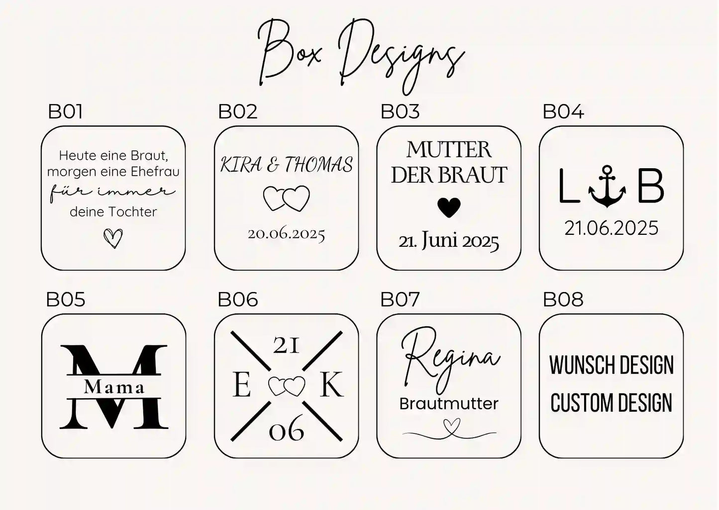 verschiedene gravur designs für geschenkbox brautmama personalisierte hochzeitsgeschenk mama