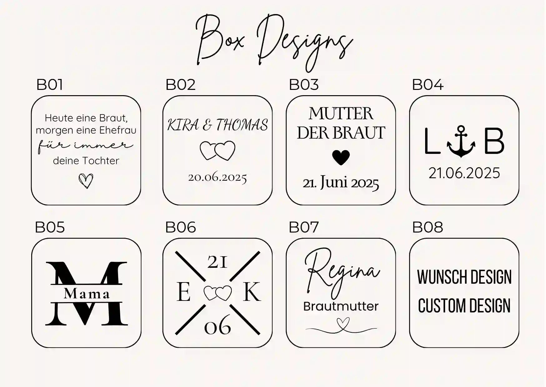 verschiedene gravur designs für geschenkbox brautmama personalisierte hochzeitsgeschenk mama