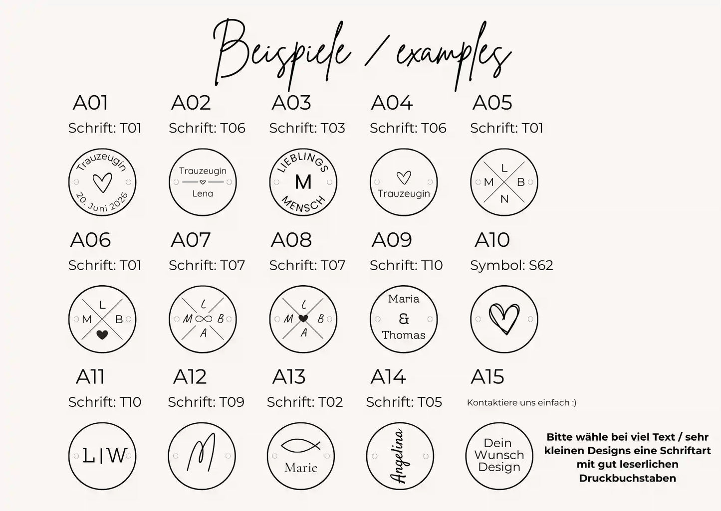 Beispiele für Gravurdesigns auf Trauzeugin Armband – Namen, Initialen und Symbole